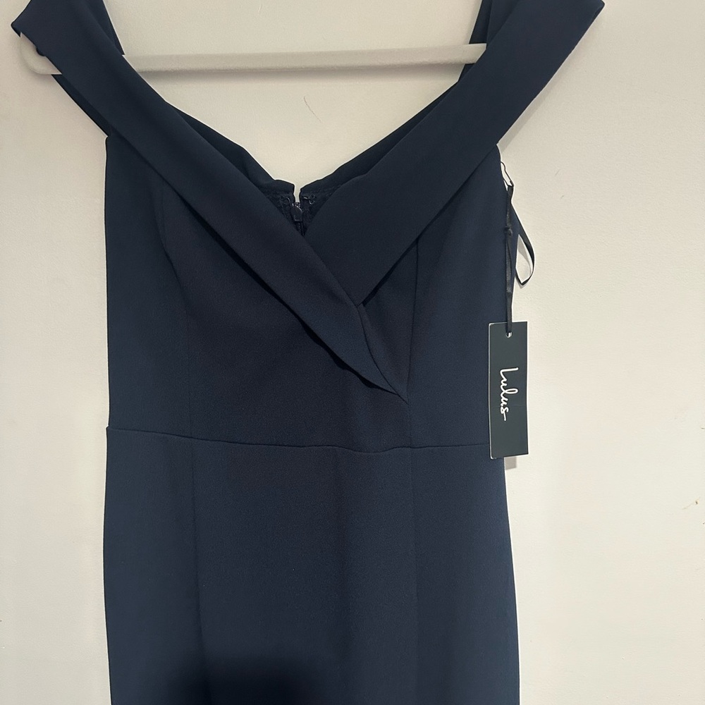 Lulu's Blue Pleated Off-the-Shoulder Sheath Dress